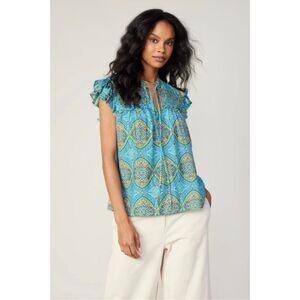 CURRENT AIR ANTHROPOLOGIE NWT Blue Multi Print Linen Blend Flutter Sleeve Top S